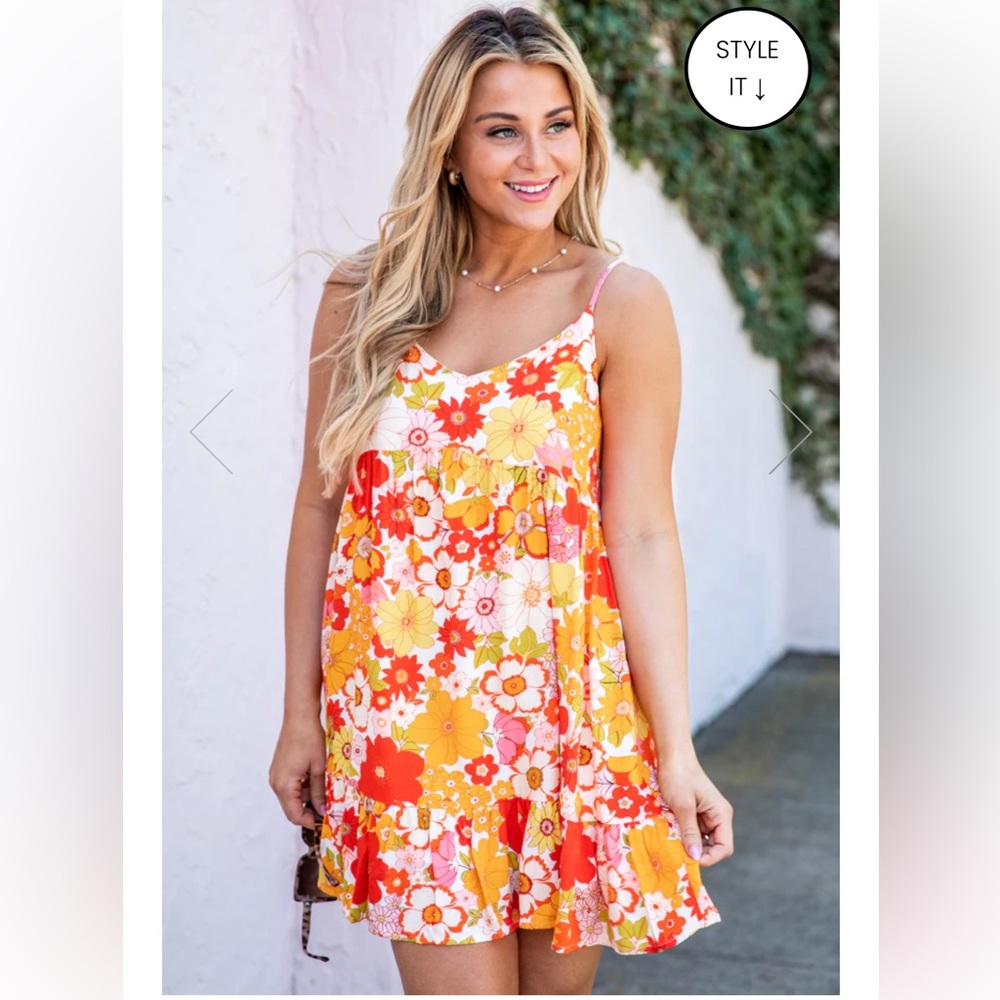 Pink Lily Keep Blooming Red Orange Floral Sleeveless Mini Babydoll Dress New